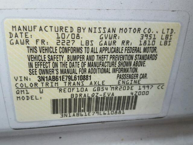 3N1AB61E79L610881 - 2009 NISSAN SENTRA 2.0 WHITE photo 10