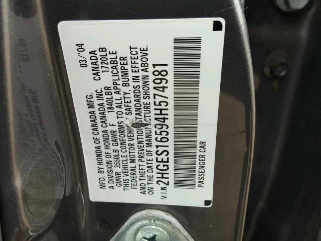 2HGES16594H574981 - 2004 HONDA CIVIC LX CHARCOAL photo 10