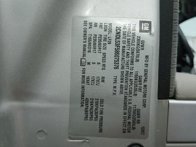 2CNDL53F586075376 - 2008 CHEVROLET EQUINOX LT GRAY photo 10