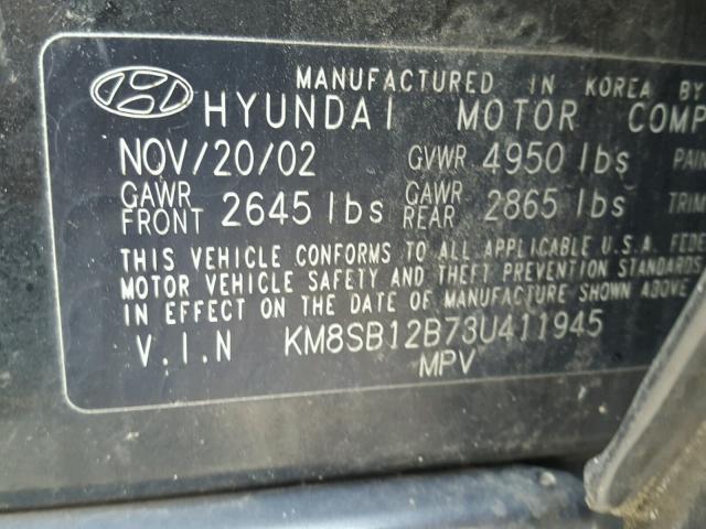 KM8SB12B73U411945 - 2003 HYUNDAI SANTA FE G BLACK photo 10