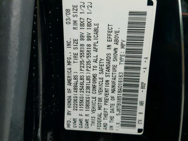 5J8TB18518A016163 - 2008 ACURA RDX TECHNO BLACK photo 10