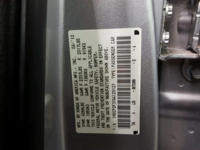 1HGCP2F37AA125127 - 2010 HONDA ACCORD LX SILVER photo 10