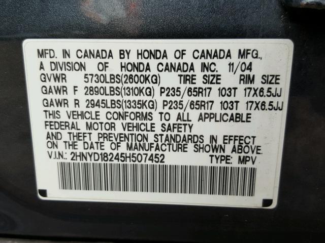 2HNYD18245H507452 - 2005 ACURA MDX GRAY photo 10