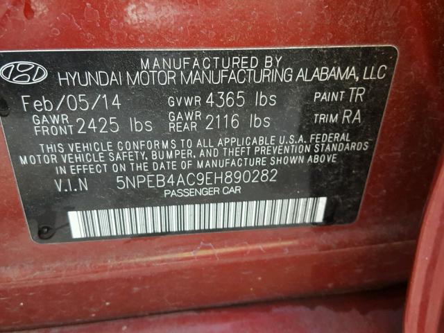 5NPEB4AC9EH890282 - 2014 HYUNDAI SONATA GLS BURGUNDY photo 10