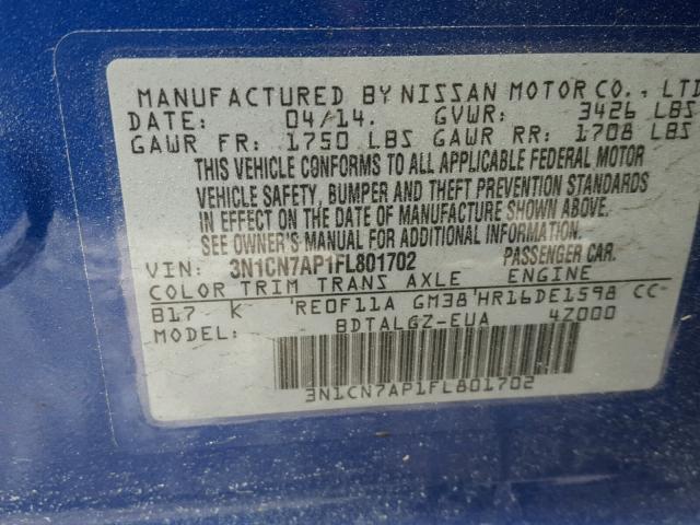 3N1CN7AP1FL801702 - 2015 NISSAN VERSA S BLUE photo 10