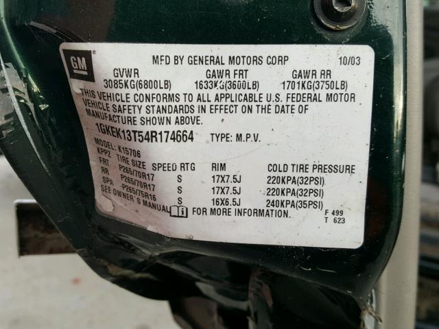 1GKEK13T54R174664 - 2004 GMC YUKON GREEN photo 10