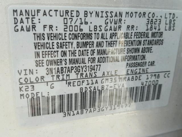 3N1AB7AP3GY319477 - 2016 NISSAN SENTRA S SILVER photo 10