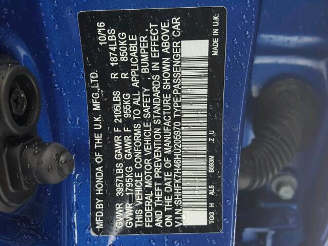 SHHFK7H46HU205970 - 2017 HONDA CIVIC SPOR BLUE photo 10