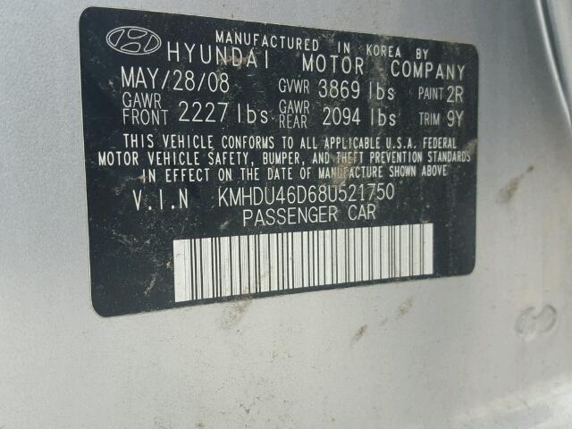 KMHDU46D68U521750 - 2008 HYUNDAI ELANTRA GL SILVER photo 10