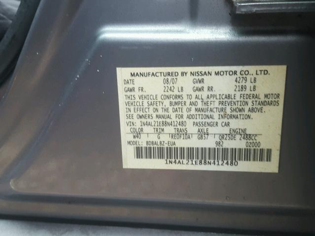 1N4AL21E88N412480 - 2008 NISSAN ALTIMA 2.5 GRAY photo 10