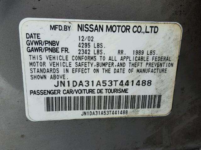 JN1DA31A53T441488 - 2003 NISSAN MAXIMA GLE SILVER photo 10