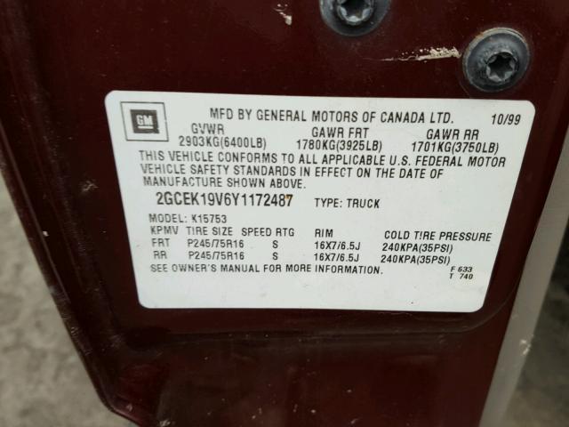 2GCEK19V6Y1172487 - 2000 CHEVROLET SILVERADO MAROON photo 10