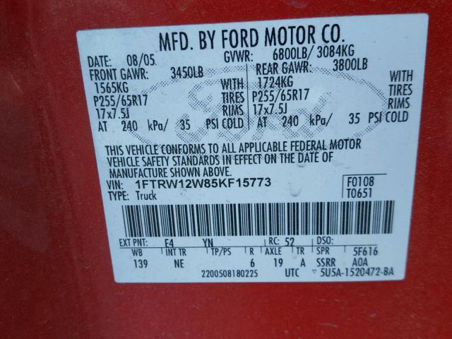 1FTRW12W85KF15773 - 2005 FORD F150 SUPER RED photo 10