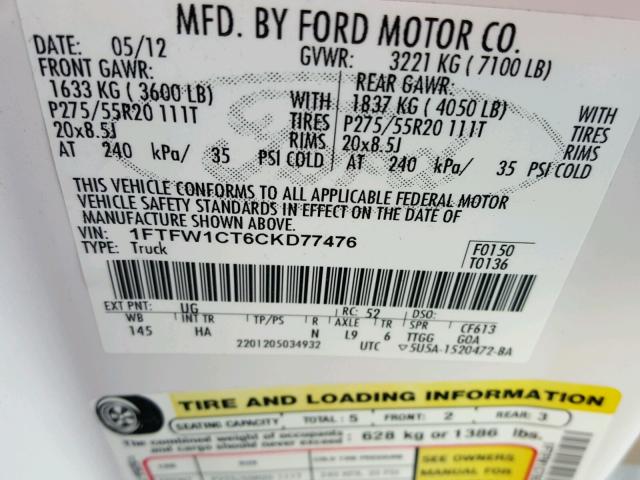 1FTFW1CT6CKD77476 - 2012 FORD F150 SUPER WHITE photo 10