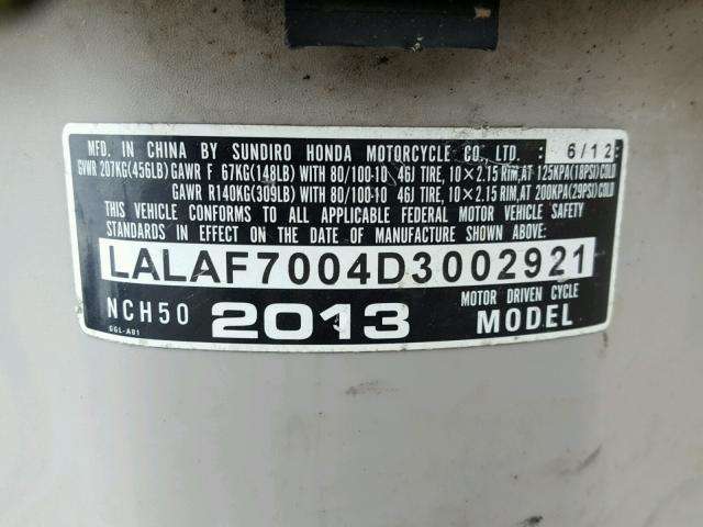 LALAF7004D3002921 - 2013 HONDA NCH50 BLACK photo 10