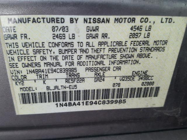 1N4BA41E94C839985 - 2004 NISSAN MAXIMA SE GRAY photo 10