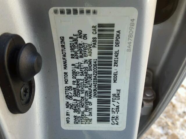 1NXBU4EE8AZ200641 - 2010 TOYOTA COROLLA BA SILVER photo 10