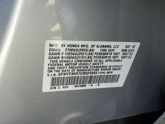 5FNYF3H57CB024949 - 2012 HONDA PILOT EXL SILVER photo 10