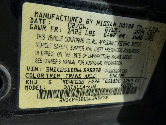 3N1CB51D06L545278 - 2006 NISSAN SENTRA 1.8 BLACK photo 10