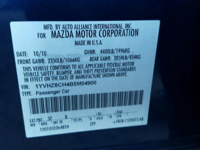 1YVHZ8CH4B5M04900 - 2011 MAZDA 6 I BLUE photo 10