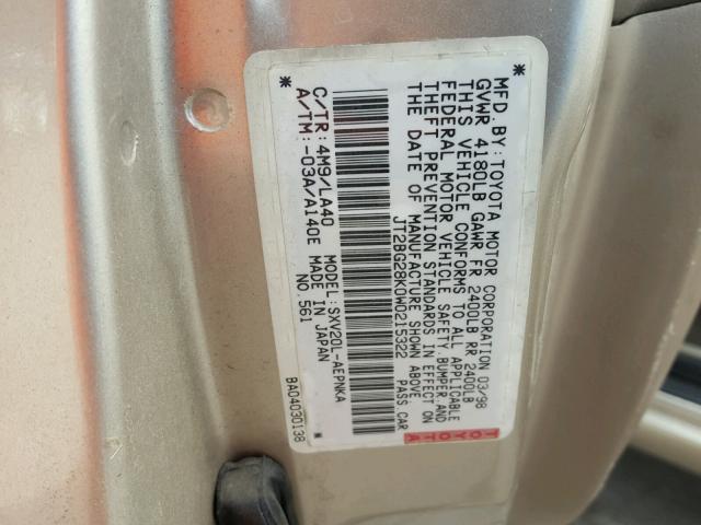 JT2BG28K0W0215322 - 1998 TOYOTA CAMRY LE TAN photo 10