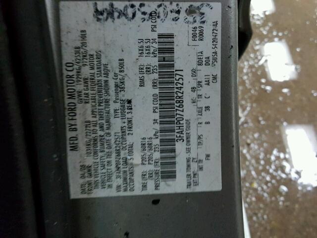 3FAHP07Z68R242571 - 2008 FORD FUSION SE GRAY photo 10