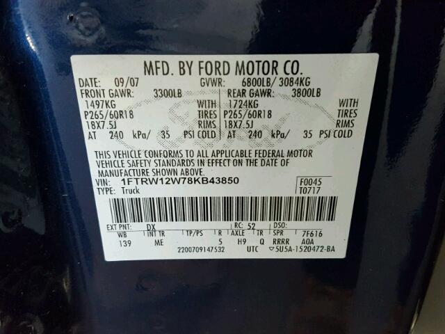 1FTRW12W78KB43850 - 2008 FORD F150 SUPER BLUE photo 10