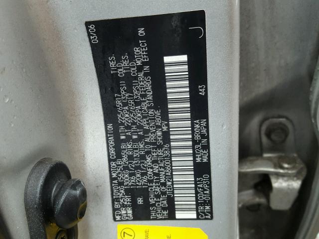 JTEDW21A860013876 - 2006 TOYOTA HIGHLANDER SILVER photo 10