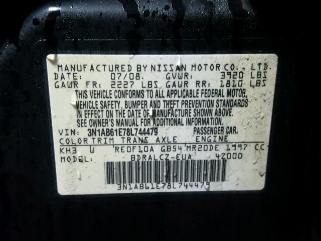 3N1AB61E78L744479 - 2008 NISSAN SENTRA 2.0 BLACK photo 10