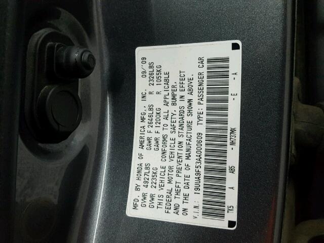 19UUA9F53AA000609 - 2010 ACURA TL GRAY photo 10