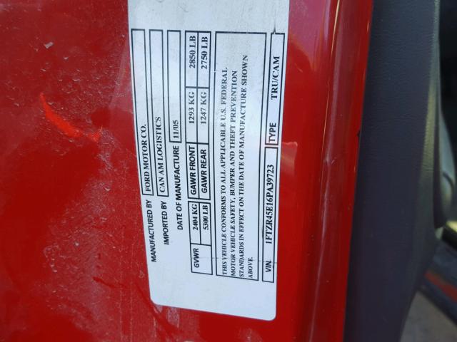 1FTZR45E16PA39723 - 2006 FORD RANGER SUP RED photo 10