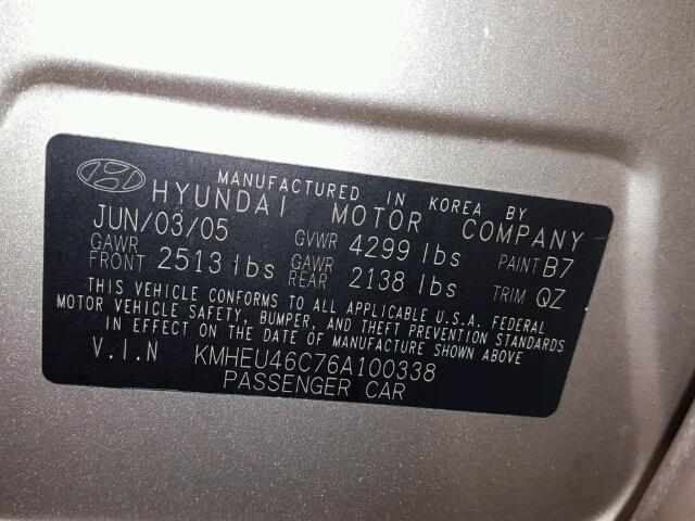 KMHEU46C76A100338 - 2006 HYUNDAI SONATA GLS TAN photo 10