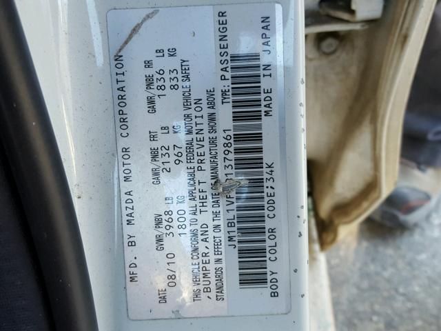 JM1BL1VF4B1379861 - 2011 MAZDA 3 I WHITE photo 10