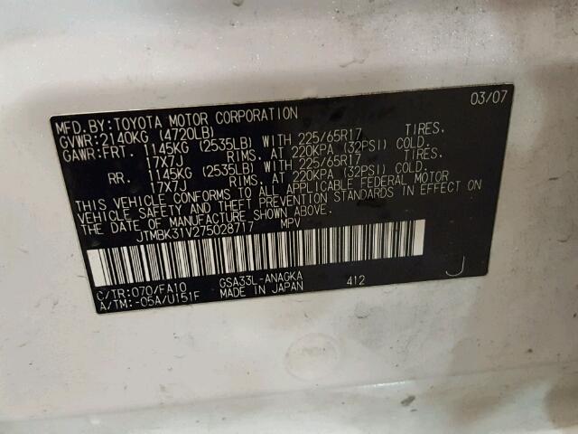 JTMBK31V275028717 - 2007 TOYOTA RAV4 LIMIT WHITE photo 10