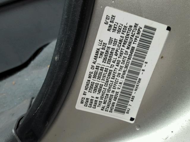 5FNRL38237B094988 - 2007 HONDA ODYSSEY LX SILVER photo 10