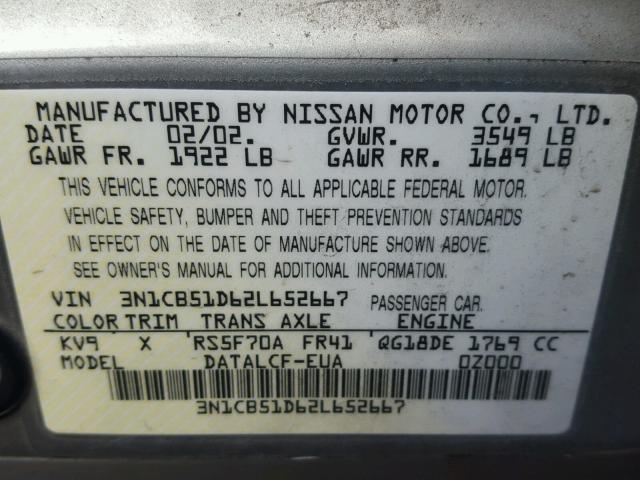 3N1CB51D62L652667 - 2002 NISSAN SENTRA XE SILVER photo 10