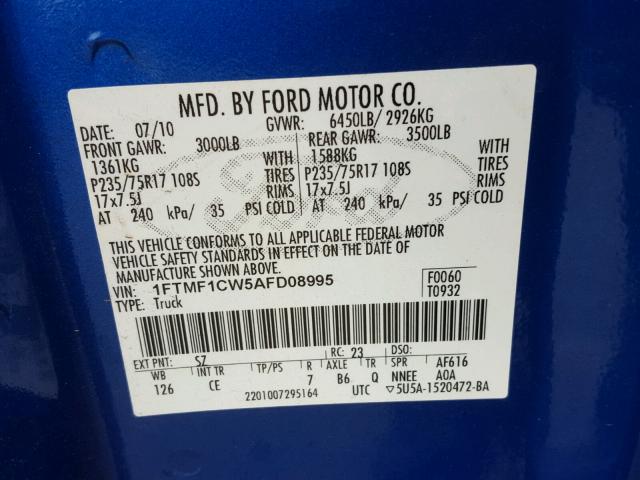 1FTMF1CW5AFD08995 - 2010 FORD F150 BLUE photo 10