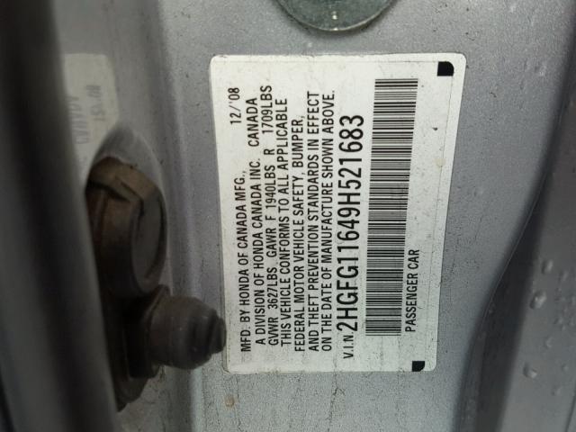 2HGFG11649H521683 - 2009 HONDA CIVIC LX SILVER photo 10