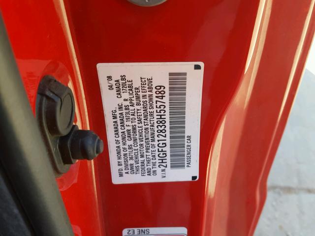 2HGFG12838H557489 - 2008 HONDA CIVIC EX RED photo 10