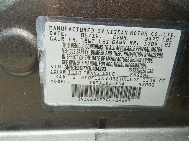 3N1CE2CP7GL404223 - 2016 NISSAN VERSA NOTE GRAY photo 10