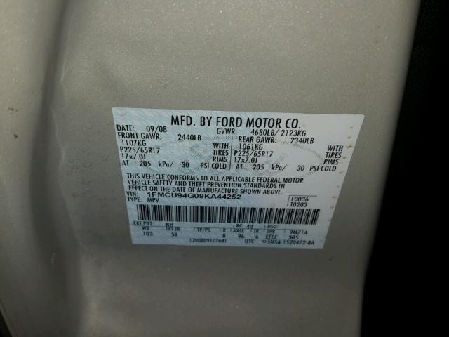 1FMCU94G09KA44252 - 2009 FORD ESCAPE LIM CREAM photo 10