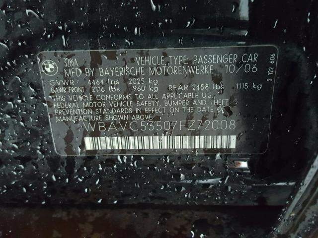 WBAVC53507FZ72008 - 2007 BMW 328 I SULE BLACK photo 10