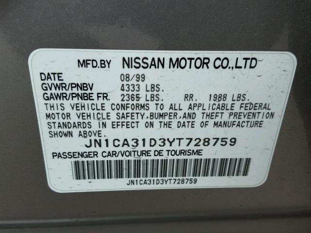 JN1CA31D3YT728759 - 2000 NISSAN MAXIMA GLE SILVER photo 10