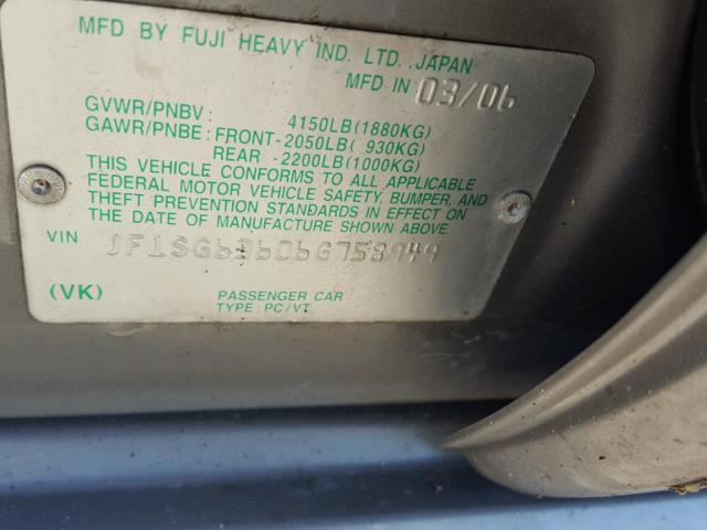 JF1SG63606G758949 - 2006 SUBARU FORESTER 2 GRAY photo 10