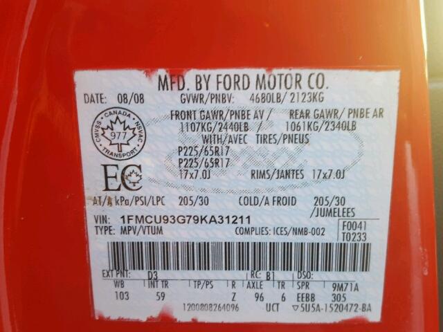 1FMCU93G79KA31211 - 2009 FORD ESCAPE XLT RED photo 10