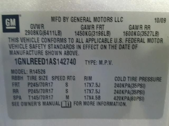 1GNLREED1AS142740 - 2010 CHEVROLET TRAVERSE L SILVER photo 10