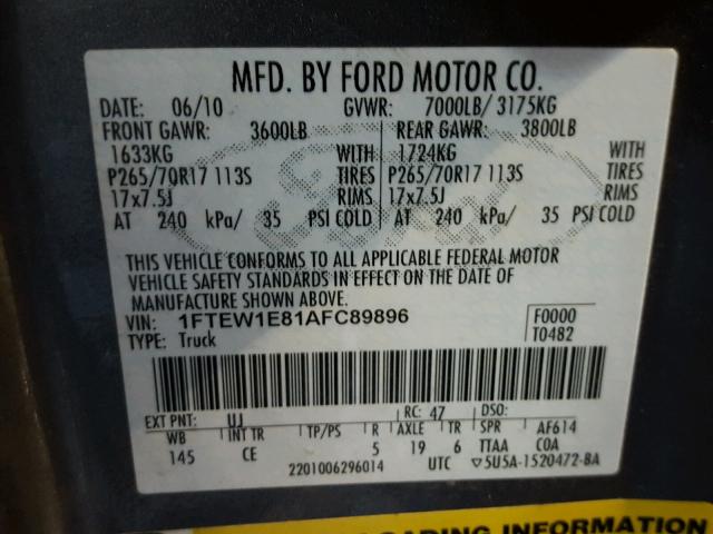 1FTEW1E81AFC89896 - 2010 FORD F150 SUPER GRAY photo 10