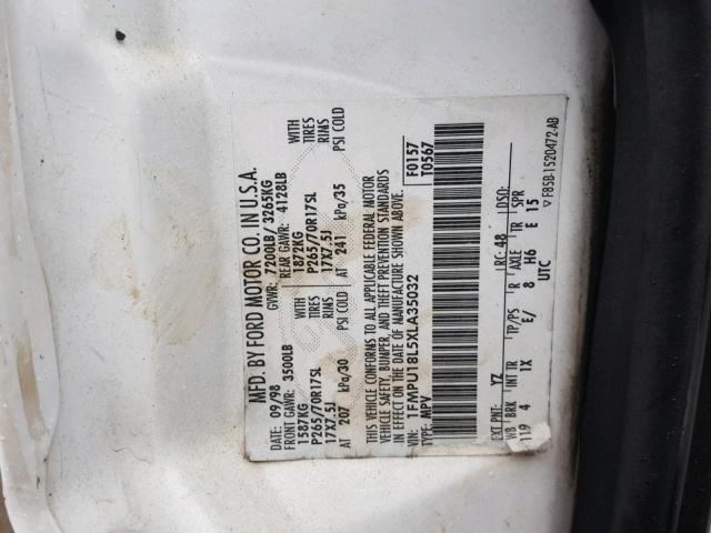 1FMPU18L5XLA35032 - 1999 FORD EXPEDITION WHITE photo 10