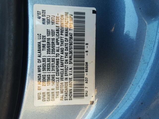 5FNRL38797B075647 - 2007 HONDA ODYSSEY EX BLUE photo 10