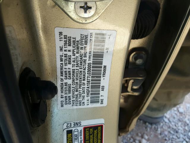 1HGFA15877L030005 - 2007 HONDA CIVIC EX GOLD photo 10